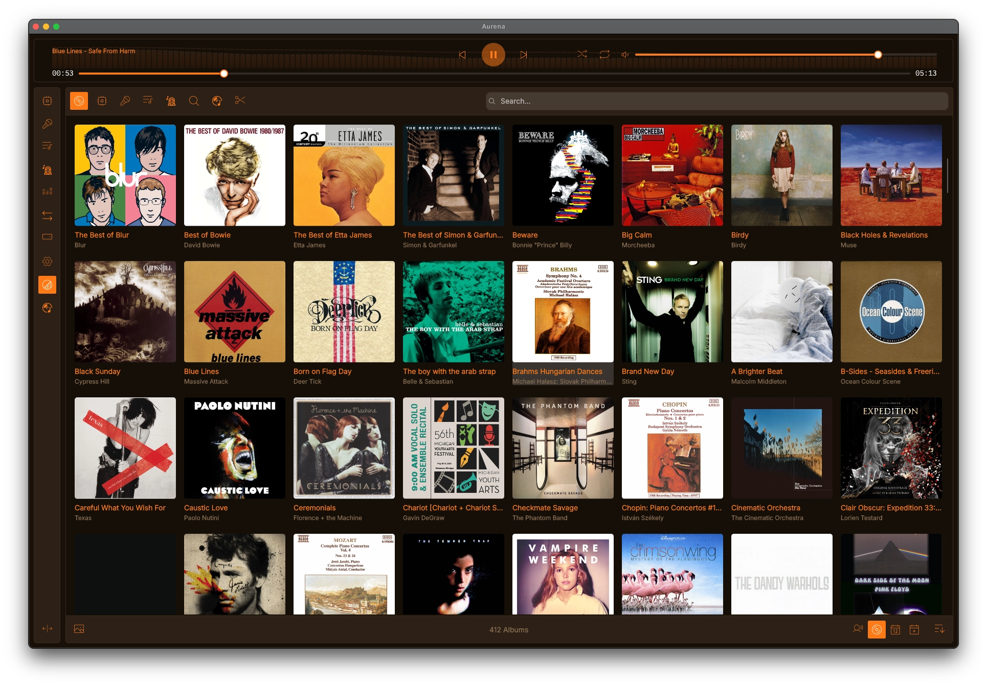 Aurena — the album wall with now playing