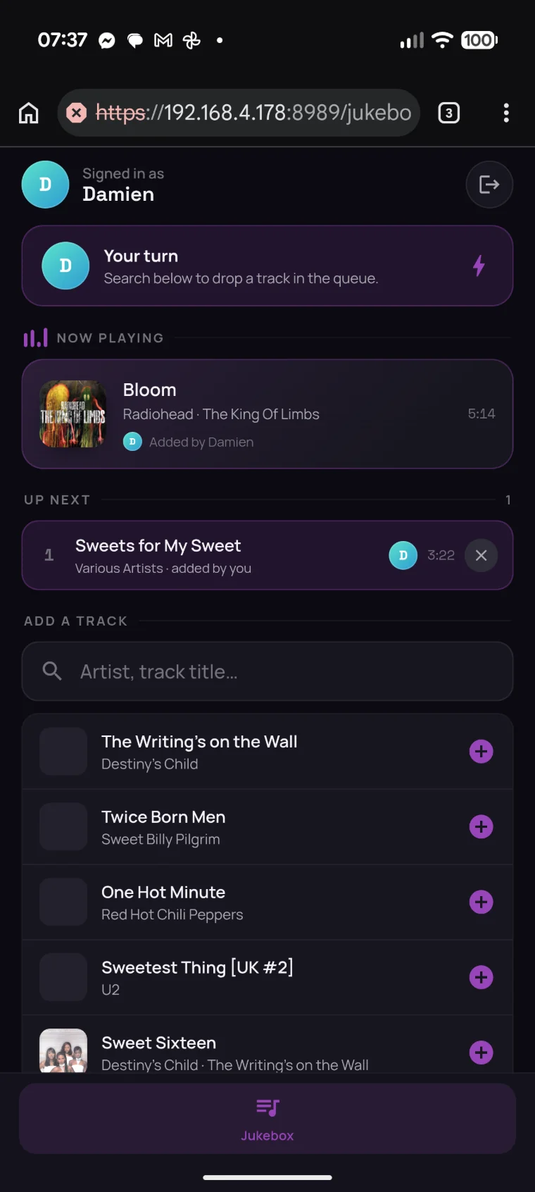 Jukebox guest request view on a phone